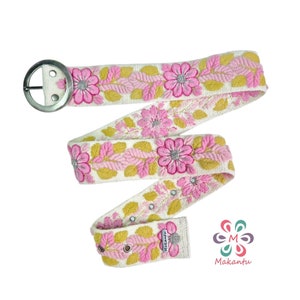 Peruvian embroidered belt, handmade embroidery, white belt, pink flower, artistic floral ethnic belt, woman gift, XS, S, M, L, XL