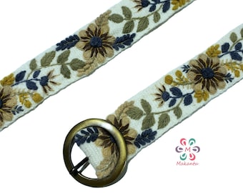 Ivoorkleurige riem met beige bloemen, Peruaanse borduurriem, handgemaakt, artistieke bloemen, boho, vrouwencadeau, XS, S, M, L, XL, plus size riem