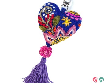 Blue Heart Bag Charm, Fuchsia Floral Embroidery, Wool Keychain, Purse Accessory, Colorful Bag Ornament, Handmade Andean Textile Art, Peru
