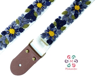 Ivory guitar strap with blue flowers, adjustable embroidered guitar strap, handmade guitar strap, leather ends, gift for guitarist, boho
