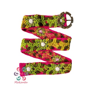 Peruvian embroidered belt, handmade embroidery, pink belt, green flower, artistic floral ethnic belt, woman gift, XS, S, M, L, XL