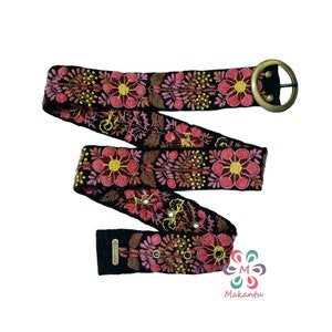 Black belt with red flowers, Peruvian embroidered belt, handmade embroidery, artistic floral ethnic belt, woman gift, plus size belt