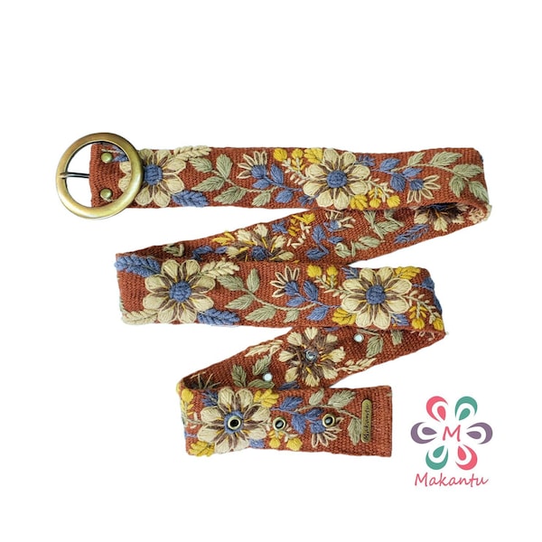 Brick orange belt with beige flowers, Peruvian embroidery belt, handmade, artistic floral, boho, woman gift, XS, S, M, L, XL, plus size belt