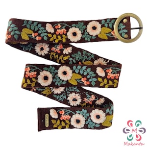 BROWN belt with peach flowers, peruvian wool belt, handmade embroidery, artistic floral, ethnic belt, women gift, XS, S, M, L, XL, 3XL
