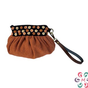 Beige Hand Embroidered Wool Bag | Top with Colorful Floral Knot Design | Ethnic Boho Clutch Pouch | Wrist and Crossbody Strap | Cosmetic bag