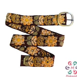 BROWN belt with beige flowers, peruvian wool belt, handmade embroidery, artistic floral, ethnic belt, women gift, XS, S, M, L, XL, 3XL