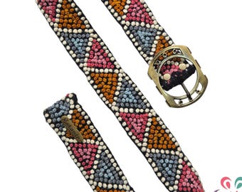 Thin Peruvian embroidered belt, handmade ivory strap with colorful knots, artistic floral design, women & kids gift, XS to XL, kids belt