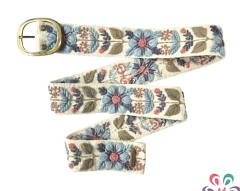Ivory belt with sky blue flower, Peruvian handmade embroidery, artistic floral design, woman gift, plus size