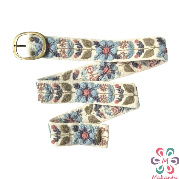 Ivory belt with sky blue flower, Peruvian handmade embroidery, artistic floral design, woman gift, plus size