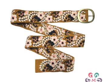 Yellow belt with cream flowers, handmade camel embroidery, floral design, peruvian ethnic belt, women's accessory, XS, S, M, L