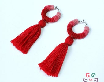 Handmade red earrings, sheep wool, stainless steel earring hooks, handmade peruvian earrings, minimalist, hoop tassel earring