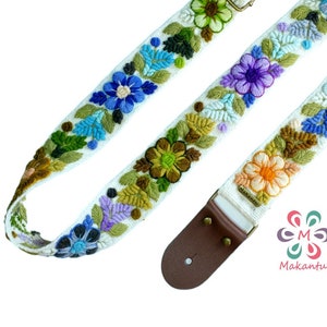 Ivory guitar strap with colorful flowers, adjustable embroidered guitar strap, handmade guitar strap, leather ends, gift for guitarist, boho