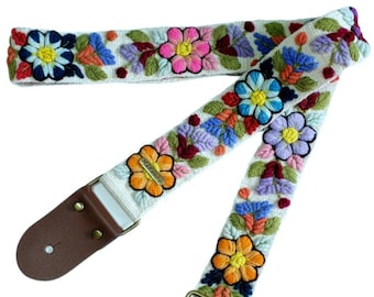 Ivory guitar strap with colorful flowers, adjustable embroidered guitar strap, handmade guitar strap, leather ends, gift for guitarist, boho