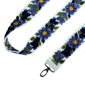 Bestickter Taschengurt, Kameragurt, bestickt, Kameragurt, verstellbare Tasche, Schultertasche, peruanische Handarbeit, elfenbeinfarbener Gürtel, blaue Blume, Ethno, Boho, Geschenk für Sie