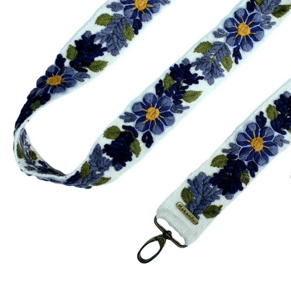 Embroidered bag strap, camera strap, adjustable bag, shoulder bag, peruvian handmade, ivory belt, blue flower, ethnic, boho, gift for her