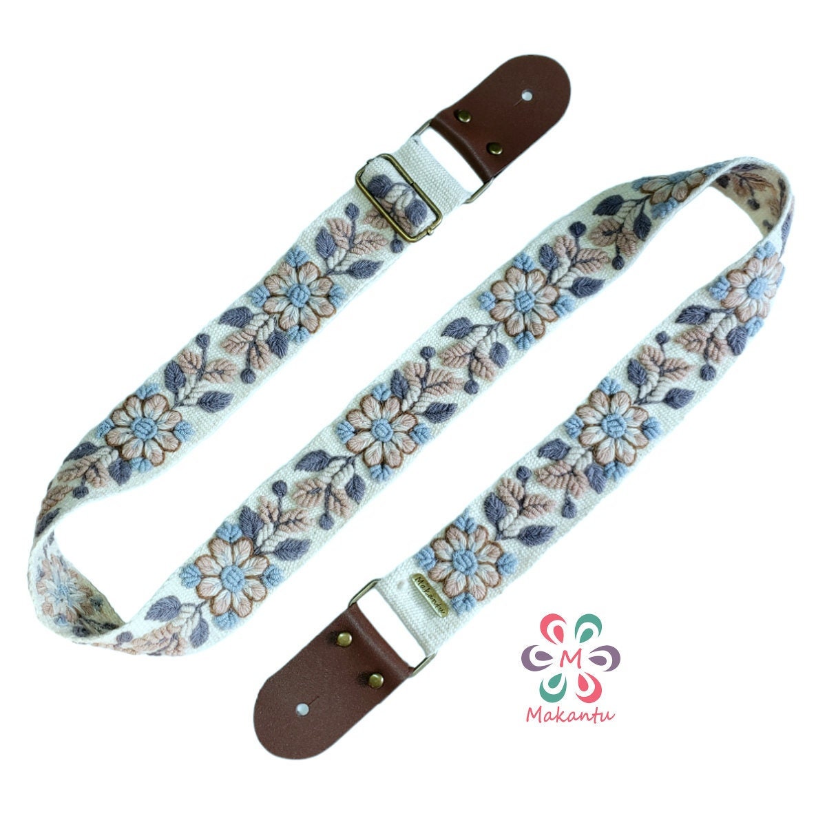 Ivory guitar strap with peach flowers, adjustable embroidered guitar strap, handmade guitar strap, leather ends, gift for guitarist, boho