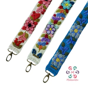 3er Pack Elfenbein Schulter Taschengurte mit rosa, bunter & blauer Blumen handgefertigter Stickerei, peruanischer Boho Gurt, Messingverschluss, Weihnachtsgeschenk