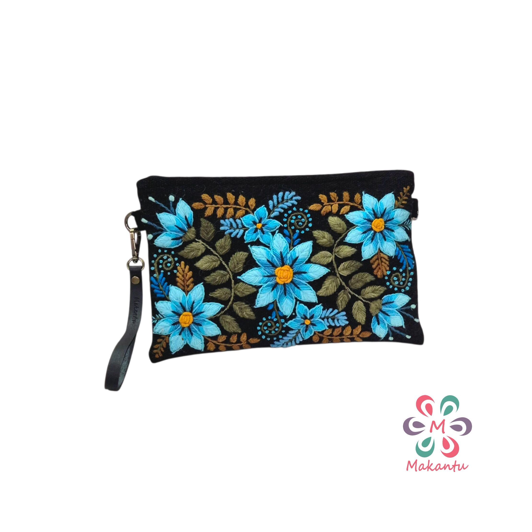 Handwoven Wool Clutch: Sky Blue Floral Embroidery, Leather Strap