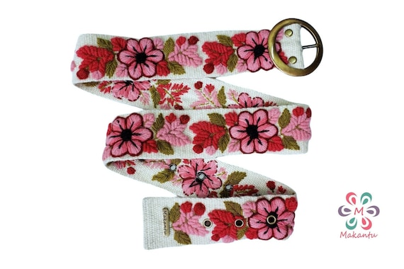 Ivory Belt With Pink Flowers, Peruvian Embroidered Belt  display picture 3