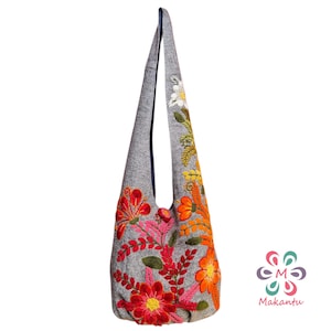 Gray bag, colorful flowers, embroidered bag, wool bag, cross body bag, boho bag, handmade embroidery, large bag, peruvian, womens hippie bag