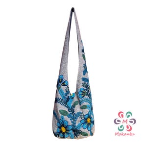 Gray bag, blue flowers, embroidered bag, wool bag, cross body bag, boho bag, handmade embroidery, large bag, peruvian, womens hippie bag