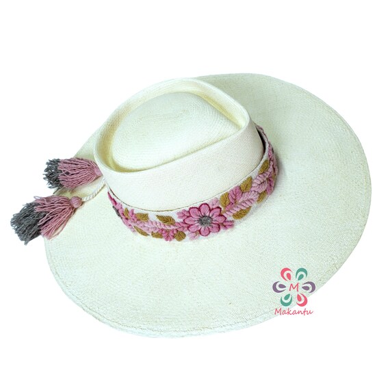 Handmade Beige and Pink Embroidered Wide-Brim Fedora Hat Handmade Embroidered Straw Hat: Mexican Summer Hat With  main image 4