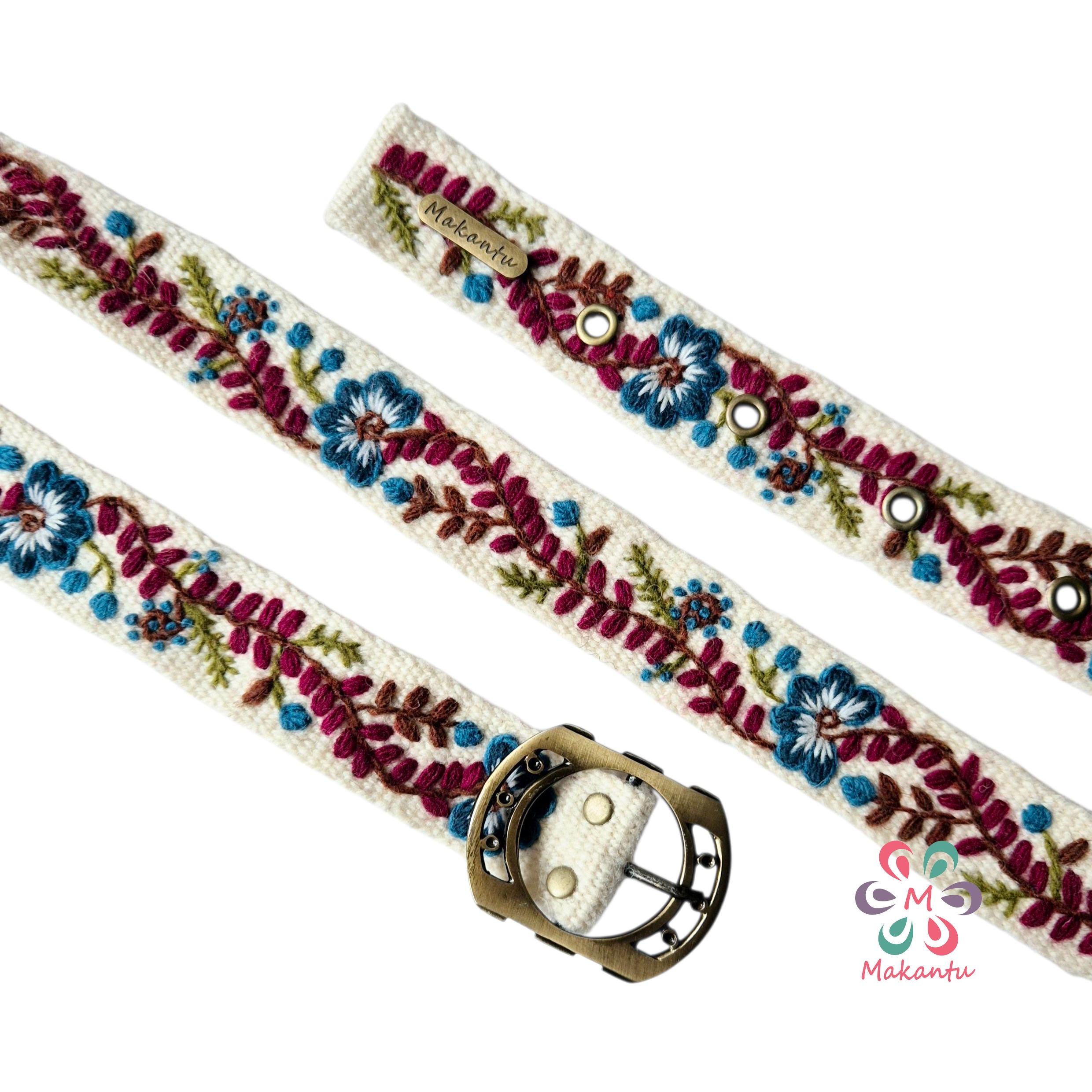 Thin Peruvian embroidered belt, handmade ivory strap with blue flowers, artistic floral design, women & kids gift, XS to XL, kids belt