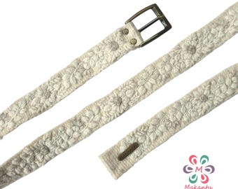 Thin Peruvian embroidered belt, handmade ivory strap with blue ivory, artistic floral design, women & kids gift, XS to XL, kids belt