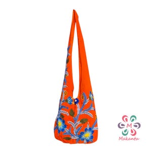Orange bag, blue flowers, embroidered bag, wool bag, cross body bag, boho bag, handmade embroidery, large bag, peruvian, womens hippie bag