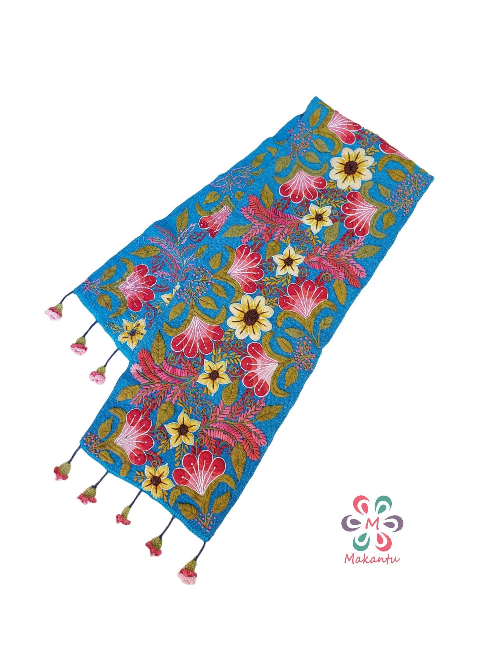 Turquoise Embroidered Table Runner Bed Runner Wall Tapestry Etsy