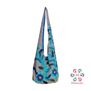 Gray bag, blue flowers, embroidered bag, wool bag, cross body bag, boho bag, handmade embroidery, large bag, peruvian, womens hippie bag