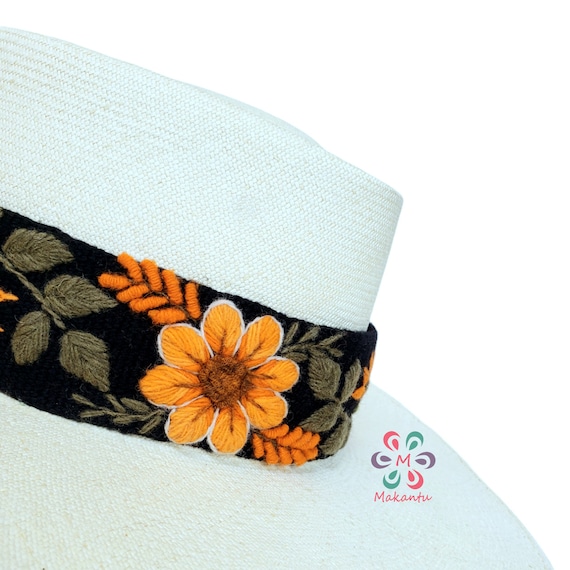 Floral Embroidered Straw Hat with Black Band Rancher Hat Custom Burned with Sunflowers - Black main image 4