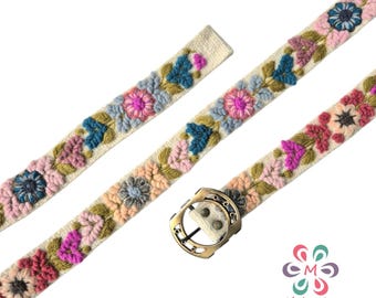Thin Natural Ivory With Soft Colorful Flowers, Handmade Peruvian Embroidered Belt, Artistic floral design, Women & kids belt gift, XS to XL