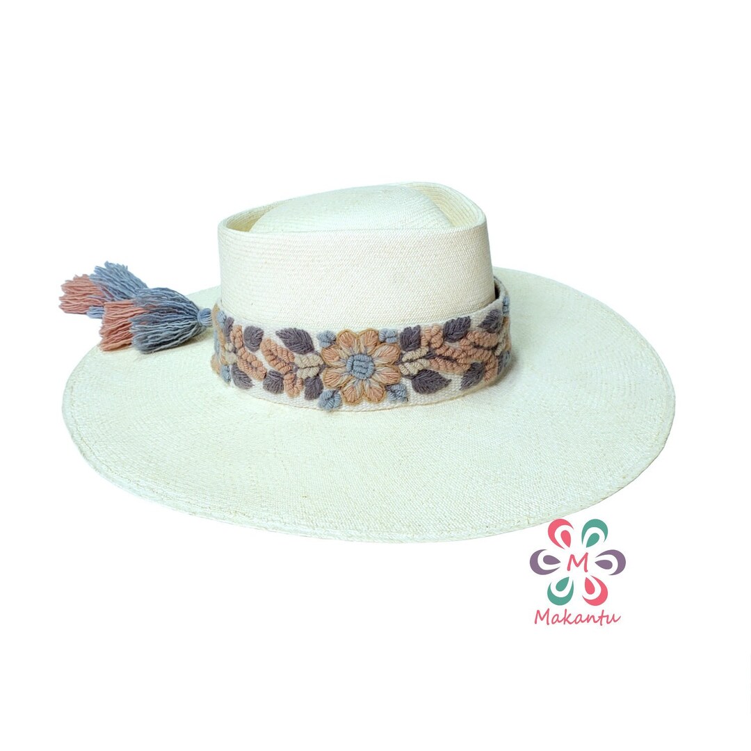 Ivory Hat Strap With Peach / Pink Flowers, Embroidered Hat Band