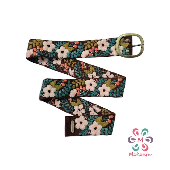 BROWN Belt With Peach Flowers, Peruvian Wool Belt, Handmade  display picture 2