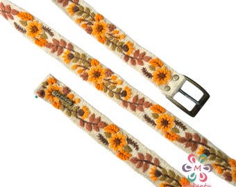 Thin Peruvian embroidered belt, handmade ivory strap with ORANGE flowers, artistic floral design, women & kids gift, XS to XL, kids belt