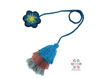 Bijou de sac fleur bleu turquoise, cham de sac à main péruvien, breloque en laine naturelle, breloque de sac pompon, décor de sac, cadeau pour elle