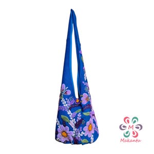 Blaue Tasche, lila Blumen, bestickte Tasche, Wolltasche, Crossbody-Tasche, Boho-Tasche, handgemachte Stickerei, große Tasche, peruanisch, Hippie-Tasche für Frauen
