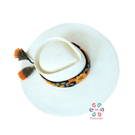Black Hat Strap With Orange Flowers, Embroidered Hat Band 