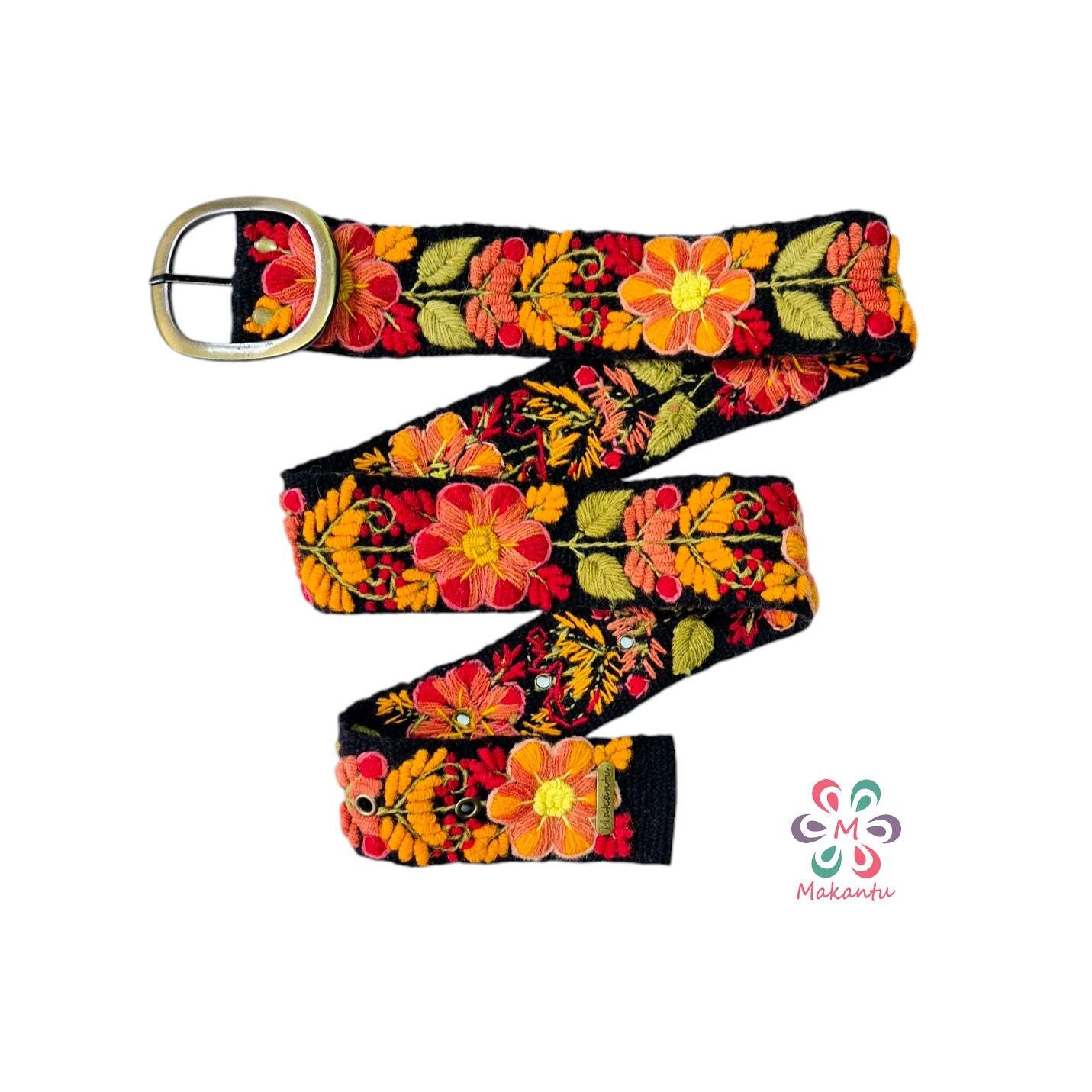 Boho Black Red Floral Embroidered Buckle Faux Leather Belt BKE Floral Embroidered Belt - Women main image 2