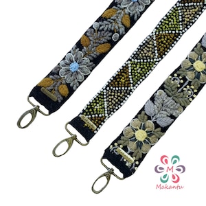 3er Pack Schwarze Schulter Kurze Taschengurte mit Grauer und Grüner Blumen handgefertigter Stickerei, peruanischer Boho Gurt, Messingspangen, Weihnachtsgeschenk