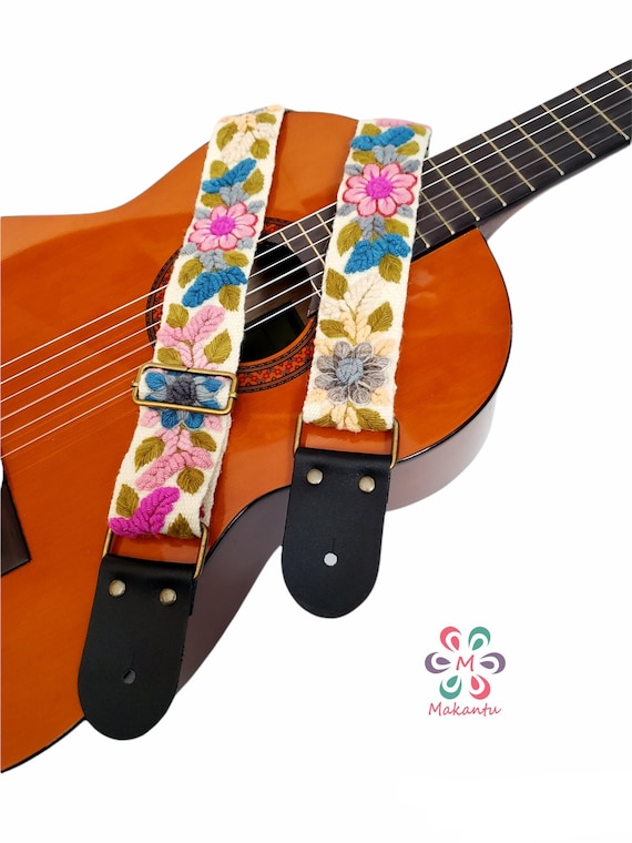 Ivory Guitar Strap With Pastel Soft Colorful Flowers  display picture 1