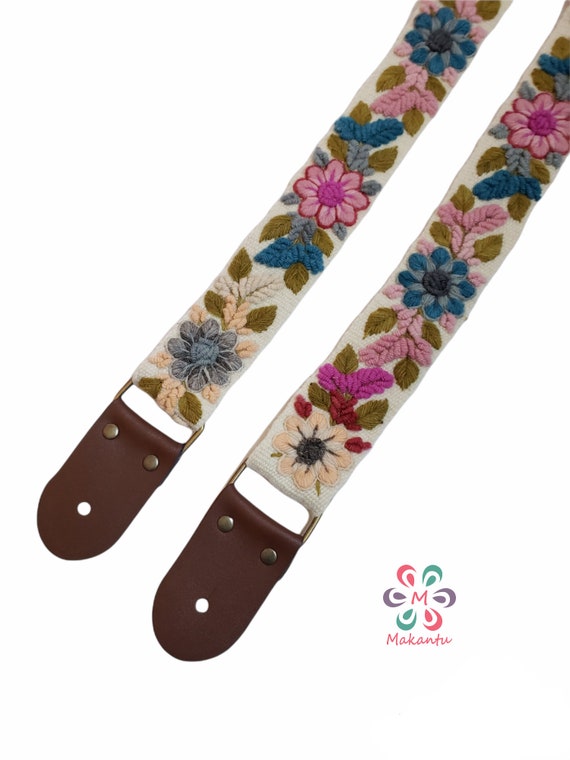 Ivory Guitar Strap With Pastel Soft Colorful Flowers  display picture 3