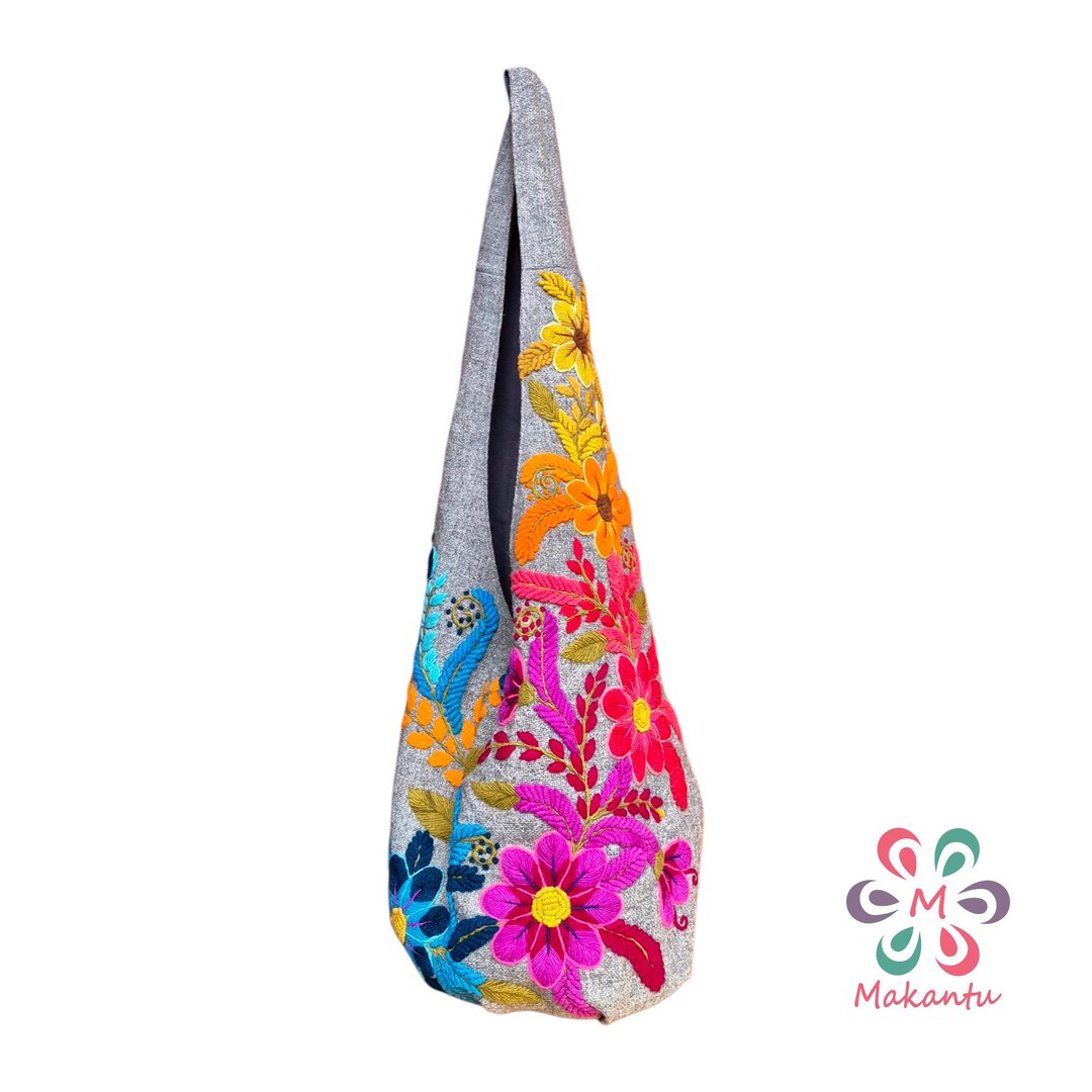 HANDMADE  UNIQUELY EMBROIDERED COLORFUL GRAY W/T BIG FLOWERS 100% WOOL BACKPACK Handmade Embroidered Wool Backpack, Floral Applique  main image 3