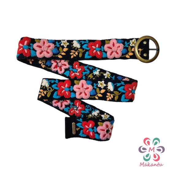 NAVY BLUE Belt With Pink and Red Flowers, Peruvian Wool Belt  display picture 1