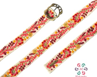 Thin Peruvian embroidered belt, handmade ivory strap with red flowers, artistic floral design, women & kids gift, XS to XL, kids belt