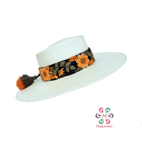Black Hat Strap With Orange Flowers, Embroidered Hat Band  display picture 1