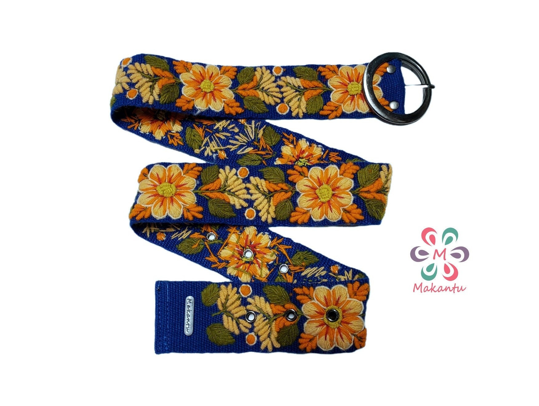 Teal Blue Wool Belt with Orange Flowers, Handmade Peruvian embroidered belt, Artistic floral ethnic belt, woman gift, XS, S, M, L, XL