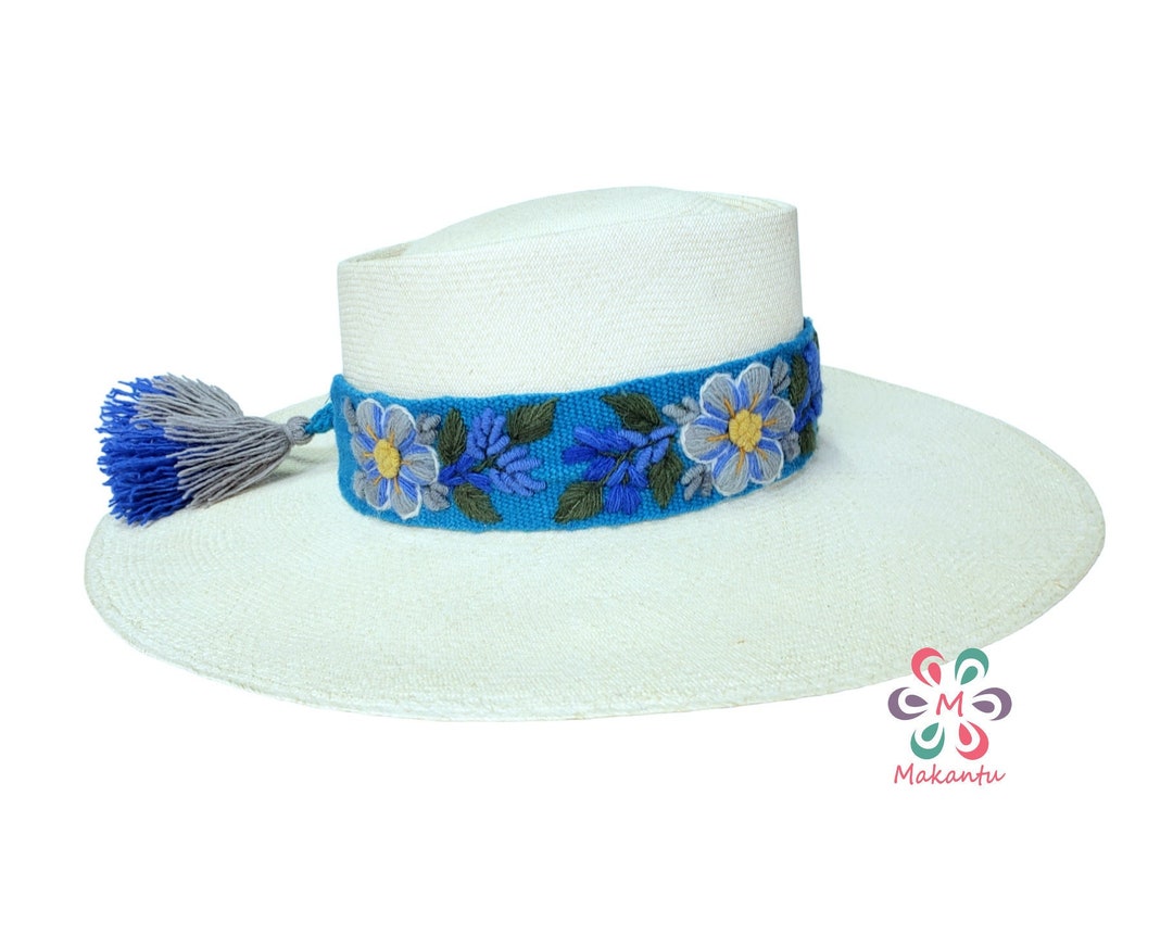 Blue Hat Strap With Light Blue Flowers, Embroidered Hat Band, Handmade