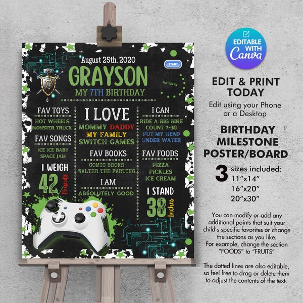 Video Game Birthday Chalkboard Sign, Milestone Birthday Board Poster, Editable Template, Instant Download